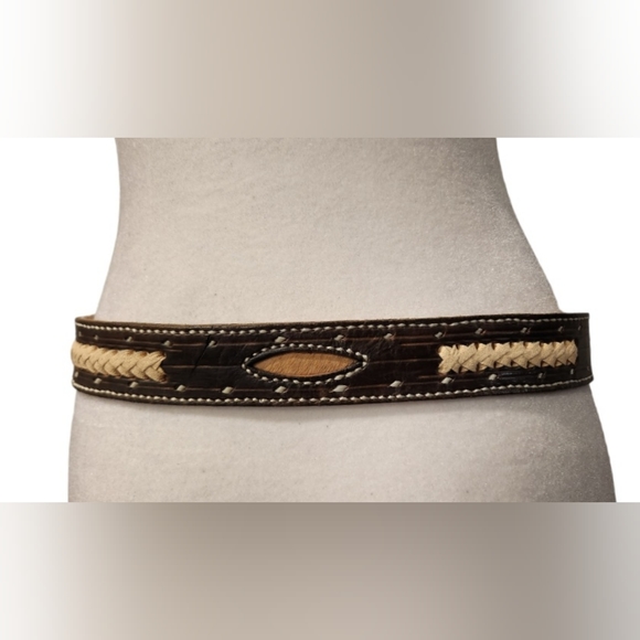 Cowboy Brown Belt with cow hide Inlay and white leather braiding - Picture 3 of 7